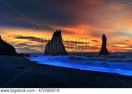 Wide View Of Reynisdrangar Rock Formations On Reynisfjara Beach At Sunrise, Halsanefhellir, Iceland.