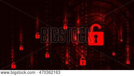 Cyber Security Destroyed. Padlock Red Opens On Code Connection Dark Red Background.cyber Attack And 
