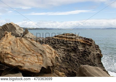 The View Of Coastline With Big Rocks And Blue Sea On Background, Auckland, New Zealand.