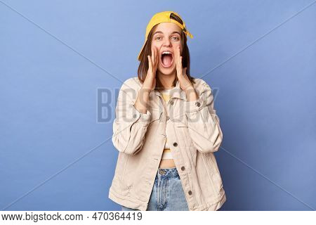 Image Of Positive Attractive Caucasian Teenager Girl Wearing Baseball Cap And Jacket Posing Isolated