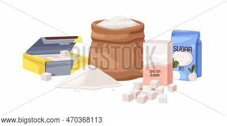 Beet Granulated, Refined And Caster Sugar Packed In Different Packages. Sweet Pieces, Cubes In Box, 