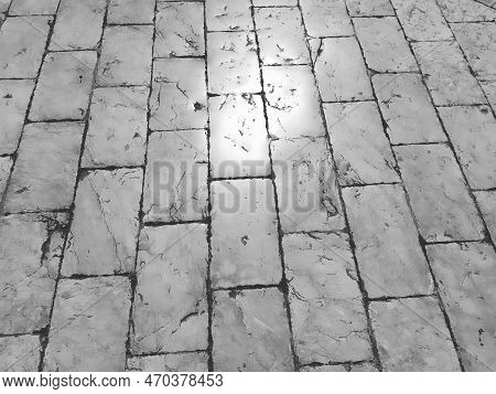 Marble Floor On The Street, Dubrovnik, Croatia. Antique Masonry Tiles Rectangular Blocks. Metamorphi