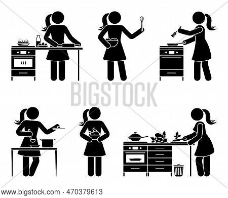 Stick Figure Person Cooking At Home Kitchen Vector Set. Women Baking Pie, Frying, Pouring Soup, Cutt