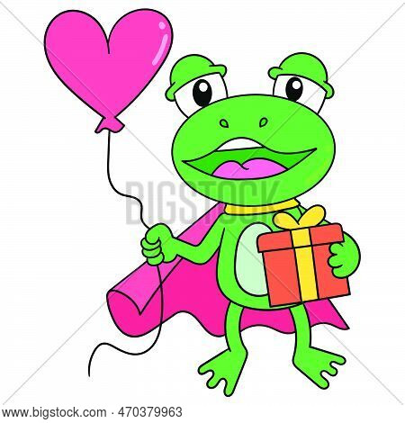 Green Frog Dress Up Superhero Brings Love Balloons And Gifts For Birthday Events, Vector Illustratio