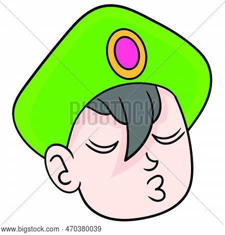 Aladin Head Wearing A Green Turban With Lips Kissed Face, Vector Illustration Carton Emoticon