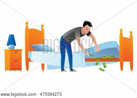 Man Keep Money Under Bed Mattress. Male Character Poor Financial Literacy, Cash Saving, Cartoon Vect
