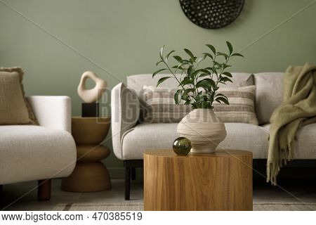 Stylish Composition Of Living Room Interior With Green Wall, Grey Sofa With Pillow And Green Plaid. 