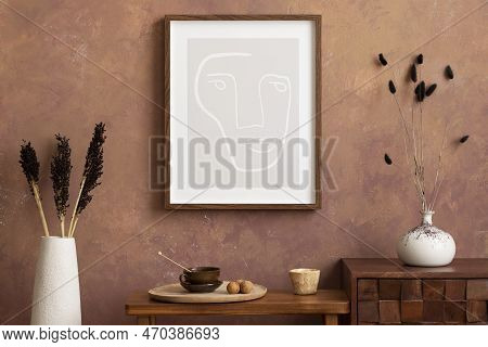 Creative Composition Retro Living Room Interior With Mock Up Poster Frame, Stylish Wooden Consola, V