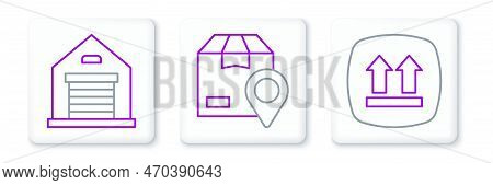 Set Line This Side Up, Warehouse And Location With Cardboard Box Icon. Vector