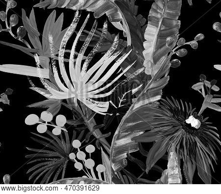 Monochrome Seamless Pattern With Tropical Flowers And Leaves Painted In Drybrush Gouache For Textile