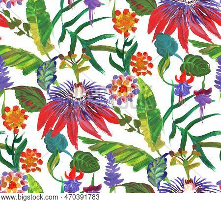 Bright Seamless Pattern With Multicolored Tropical Flowers And Leaves On A White Background For Summ
