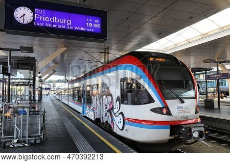 Salzburg, Austria - August 4, 2022: Stadler Flirt (et130) Passenger Train Of Bayerische Regiobahn Br