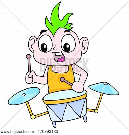 Boy Punk Playing Cool Stylish Drum Music, Vector Illustration Art. Doodle Icon Image Kawaii.