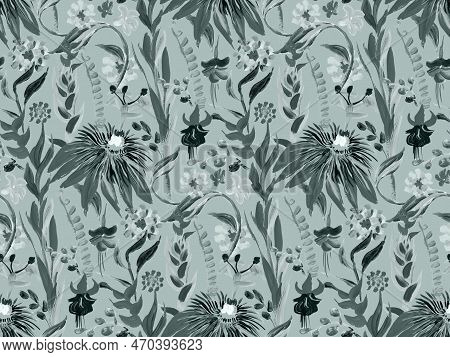 Monochrome Pattern With Tropical Flowers Painted In Drybrush Gouache For Textiles