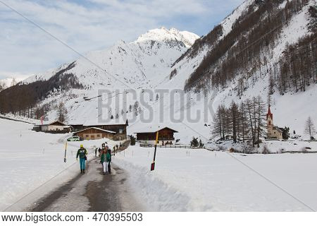 Prastmann, Italy - December 29, 2022: View Of Prastmann Alpine Village In Winter Season In South Tyr