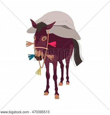 Donkey With Harness Standing With Heavy Crop Sacks On Its Back Vector Illustration