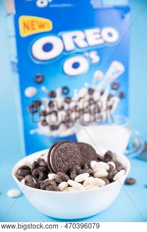 Oreo Flavored Breakfast Cereal, Black And White Dry Breakfast Rings. Cup With Delicious Breakfast An