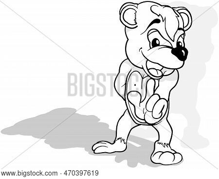 Drawing Of A Cheerful Talking Teddy Bear From Front View - Cartoon Illustration Isolated On White Ba