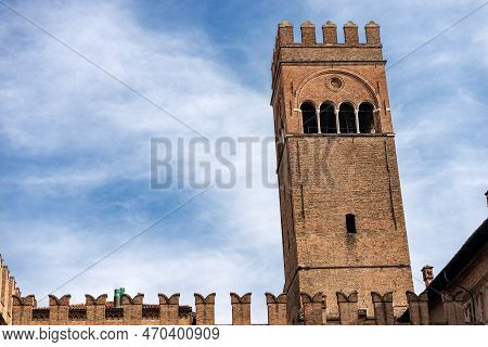 Bologna, Italy, - Feb 23, 2020: Medieval Palazzo Re Enzo (king Enzo Palace, 1245) In Piazza Del Nett