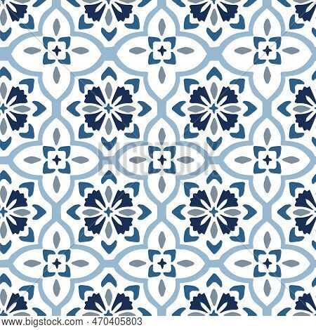 Portuguese Azulejos Floral Tile Design. Hand Drawn Ornamnetal Blue Moroccan Seamless Pattern For Ram