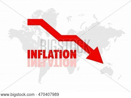 Inflation And Crisis Going Down. World Map. Red Arrow.