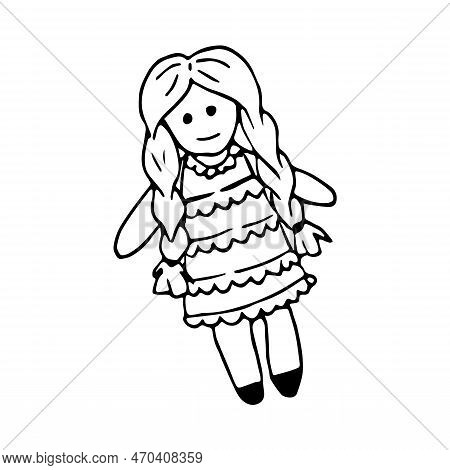 Hand Drawn Doodle Doll With Doll In Dress. Vector Children's Toy. Doll With Pigtails. Outline.