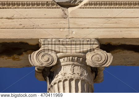 Erechtheion, Temple Of Athena Polias On Acropolis Of Athens, Greece. Details Of Ionic Style Columns 