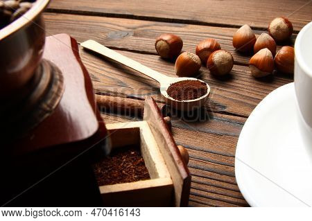 Coffee Grinder And Coffee Background And Chocolate