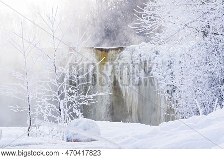 Frozen Small Mountain Waterfall Close Up. Frozen Jagala Falls, Estonia