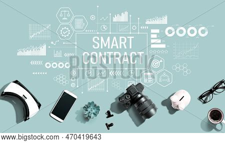 Smart Contract Theme With Electronic Gadgets And Office Supplies - Flat Lay
