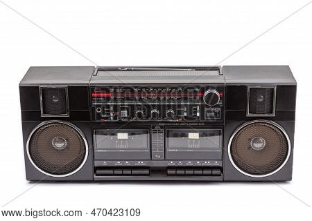 Black Douple Stereo Tape Deck With Antenna Isolated On White Background.