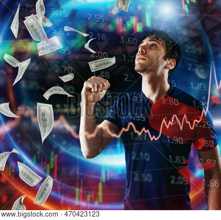 Soccer Striker Rejoices For The Victory With Money. Online Bet