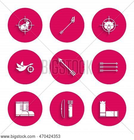 Set Hipster Arrow, Bow And In Quiver, Cartridges, Arrows, Hunter Boots, On Duck With Crosshairs, Bea