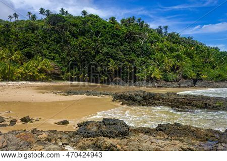 Rocks And Forest At Camboinha Beach, Itacare, Bahia, Brazil