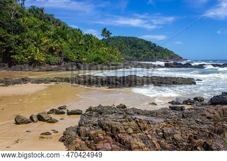 Rocks And Forest At Camboinha Beach, Itacare, Bahia, Brazil