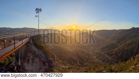 View From Fafiao Viewpoint Over A Valley At Sunset. River Surrounded By Hills In Peneda Geres Nation