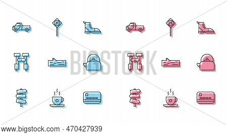 Set Line Road Traffic Signpost, Coffee Cup, Pickup Truck, Credit Card, Wooden Log, Kettle With Handl