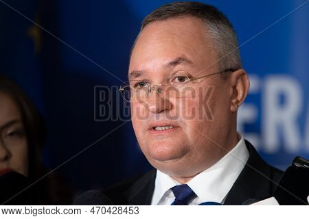 Bucharest, Romania - February 09, 2023: Romanian Prime Minister Nicolae Ciuca Speaks To The Press Du