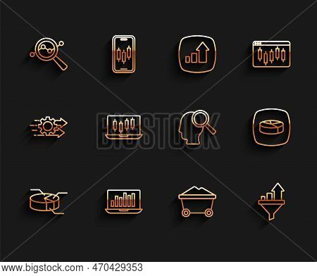 Set Line Pie Chart Infographic, Laptop With, Search Data Analysis, Coal Mine Trolley, Sales Funnel, 