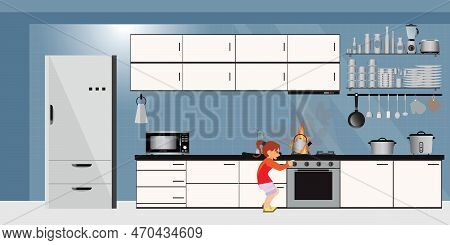 Dangerous Accident With Child Playing In Home Kitchen. Cartoon Naughty Kid With Hot Pot On Gas Stove