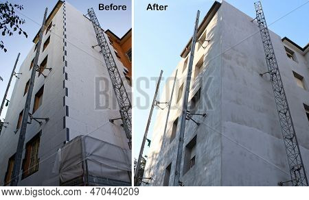 Insulating Panels Of Molded Expanded Polystyrene Covered Before Treatment And Painting. Energy Effic