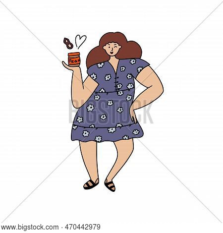 Fat Body Pozitive Woman Happy With Peanut Butter Jar In Hand.