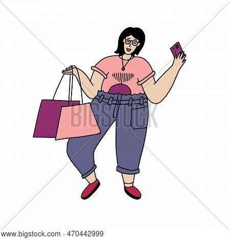 Fat Body Pozitive Woman Happy With Bags After Shopping.