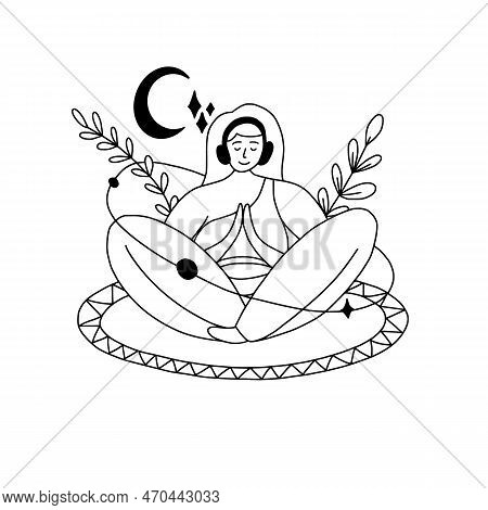 Fat Body Pozitive Woman Meditation, Doing Yoga Exercises And Listen Music In Headphones.