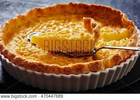 Chess Pie Pairs A Traditional Butter Pie Crust With A Sweet, Custardy Filling In White Baking Dish O