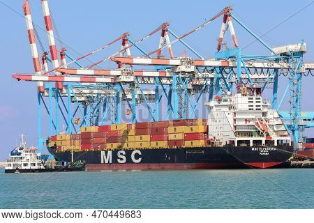 Haifa, Israel - October 11, 2021: Msc Mega Container Ship Docked At Haifa Shipping Port.