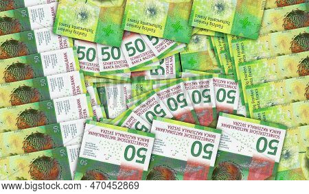 Swiss Francs Banknotes In A Cash Fan Mosaic Pattern. Switzerland Chf 50 Notes. Abstract Concept Of B