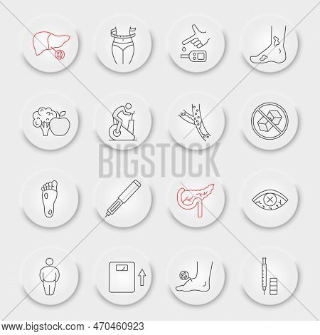 Diabetes Disease Line Icon Set, Diabetic Collection, Vector Graphics, Neumorphic Ui Ux Buttons, Diab