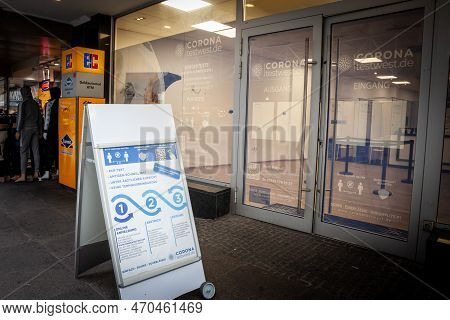 Dortmund, Germany - November 5, 2022: Sign Indicating A Coronavirus Covid Testing Center In Dortmund