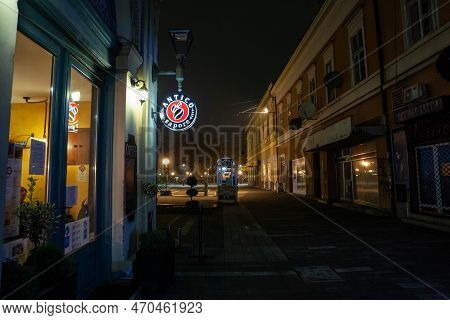 Pancevo, Serbia - November 7, 2021: Selective Blur On An Empty Street Of Pancevo, Sokace, With A Caf